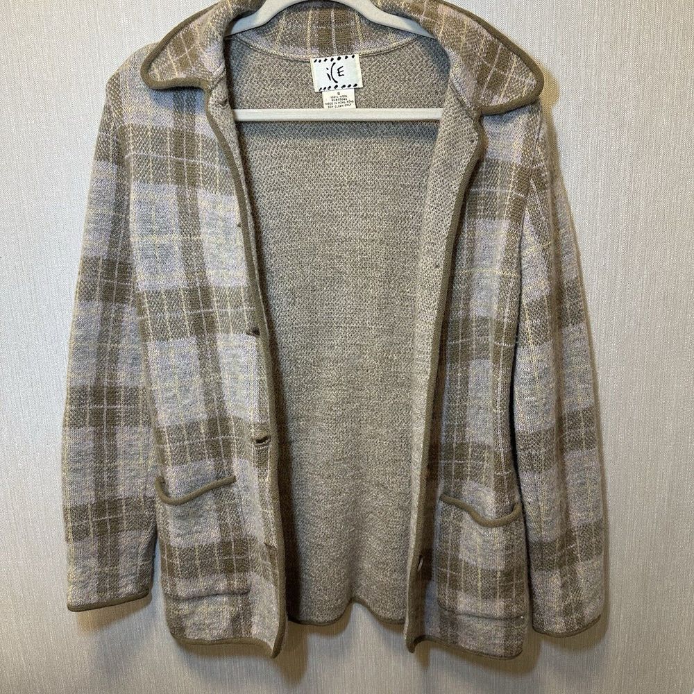 iCe Size Small 100% Wool 2 Pocket Olive green Gray Women's Plaid Cardigan Jacket